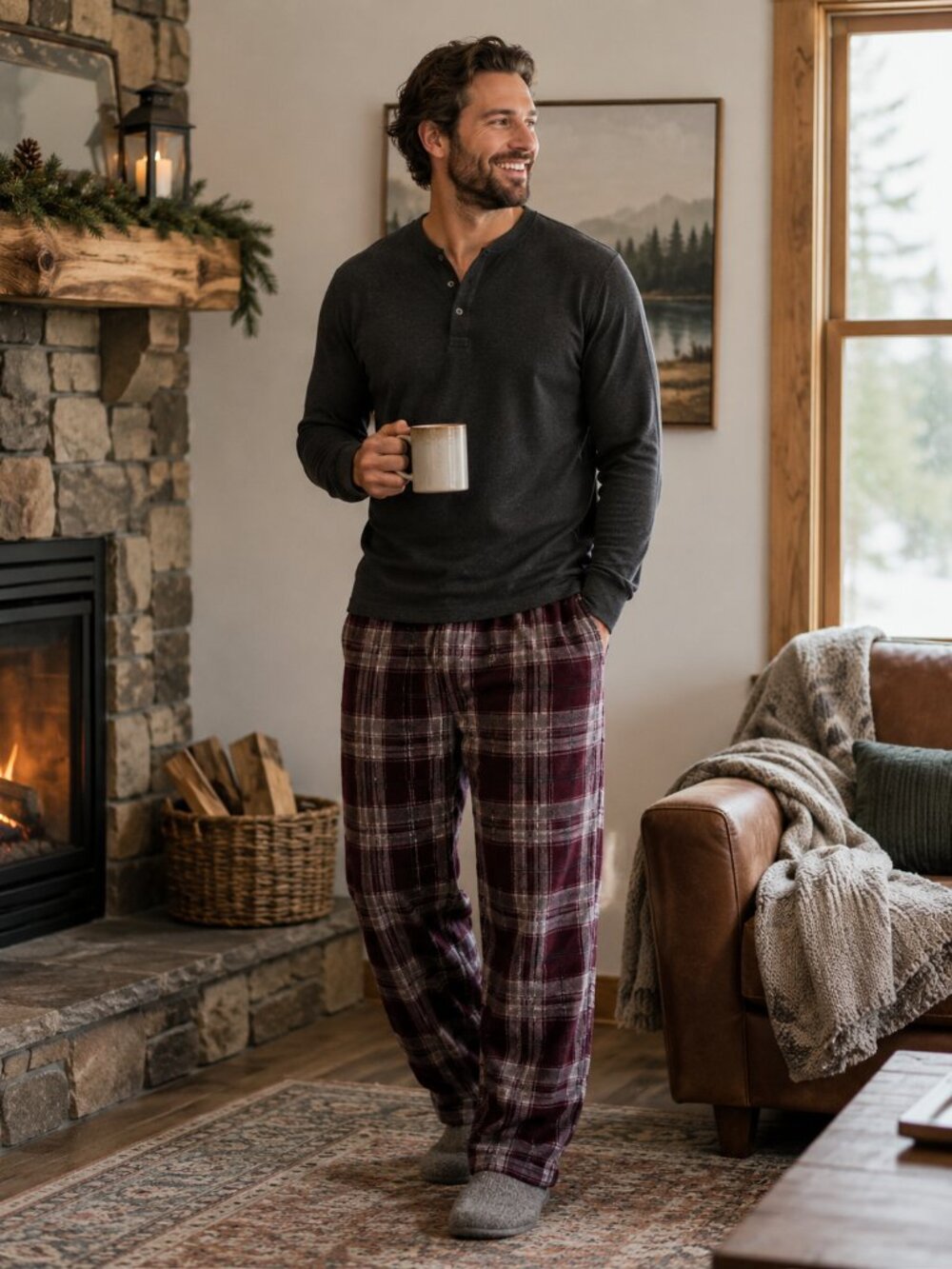 Men’s M Plaid Pajama Lounge Pants Burgundy Soft Flannel Look Po